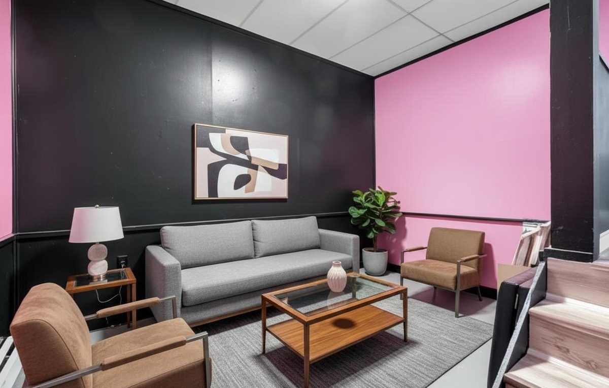 Basement lounge staged with sofa and decor