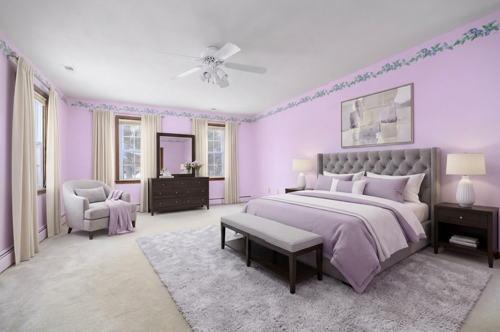 Naugatuck CT primary bedroom after virtual staging with king bed and linen bedding