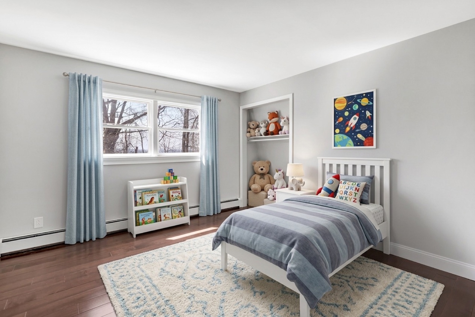 New Milford CT child bedroom after virtual staging with bed and warm accents
