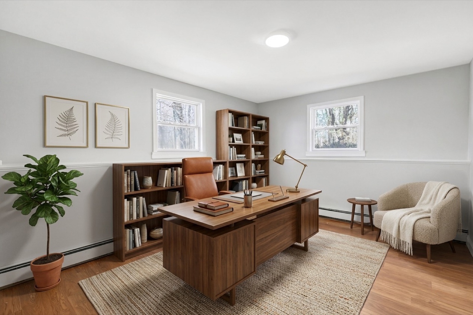 New Milford CT home office after virtual staging with desk and bookshelves