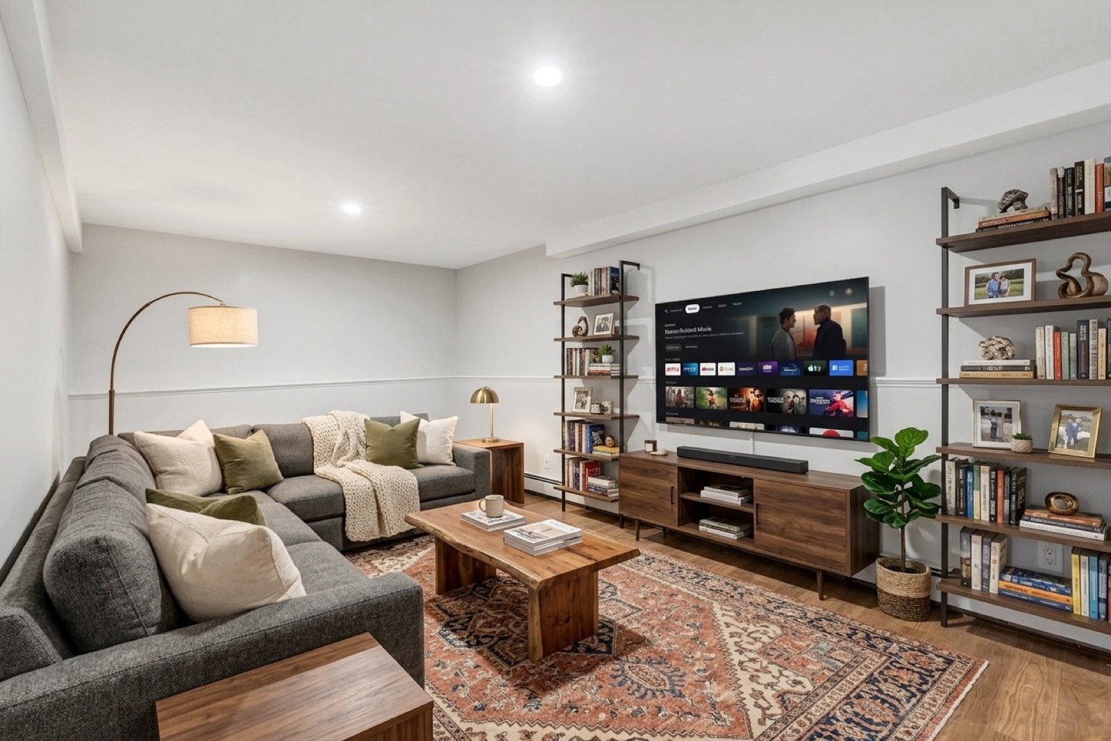 New Milford CT media room after virtual staging with sectional