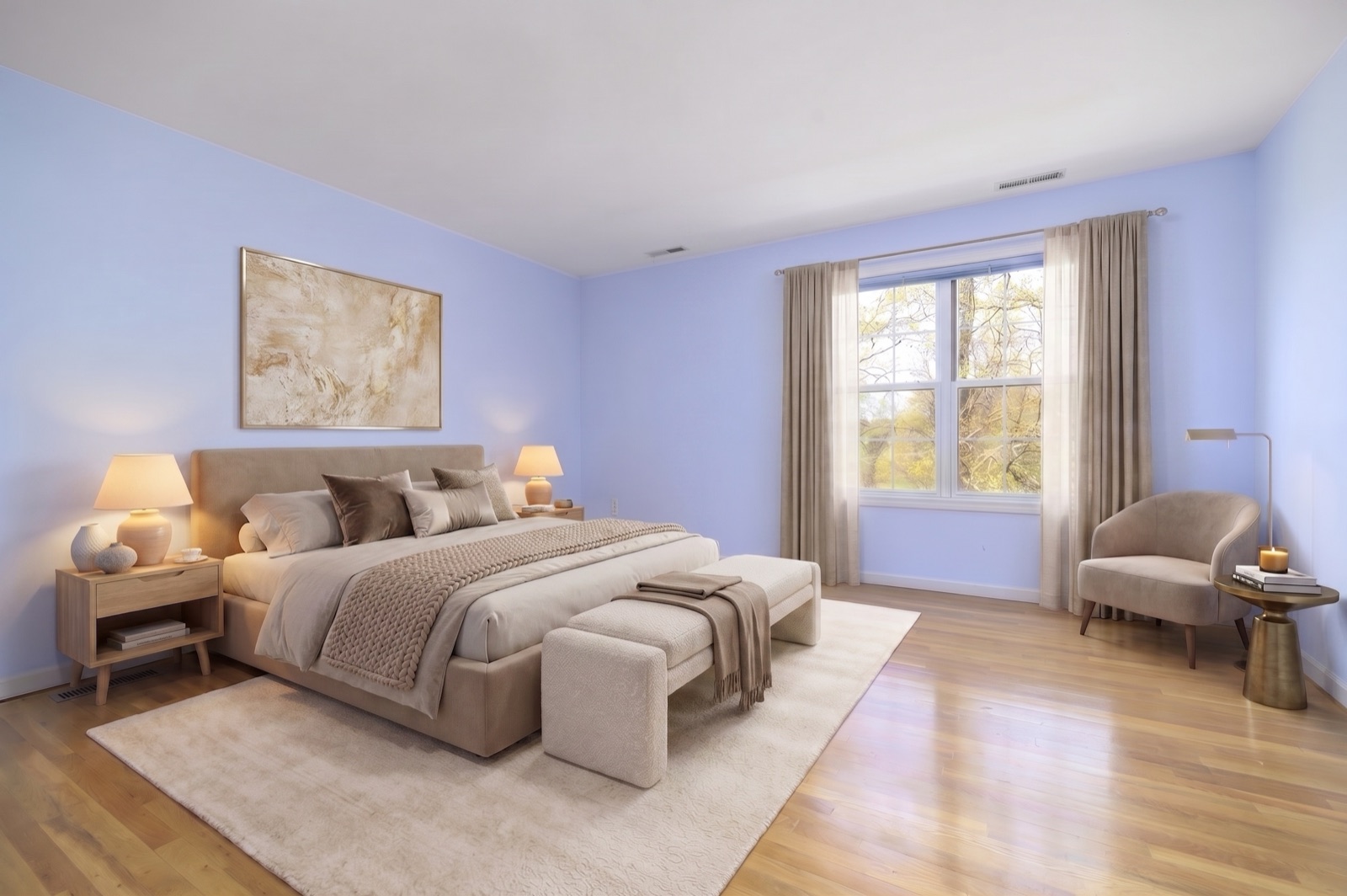 Norwalk CT primary bedroom after virtual staging with king bed and linen bedding