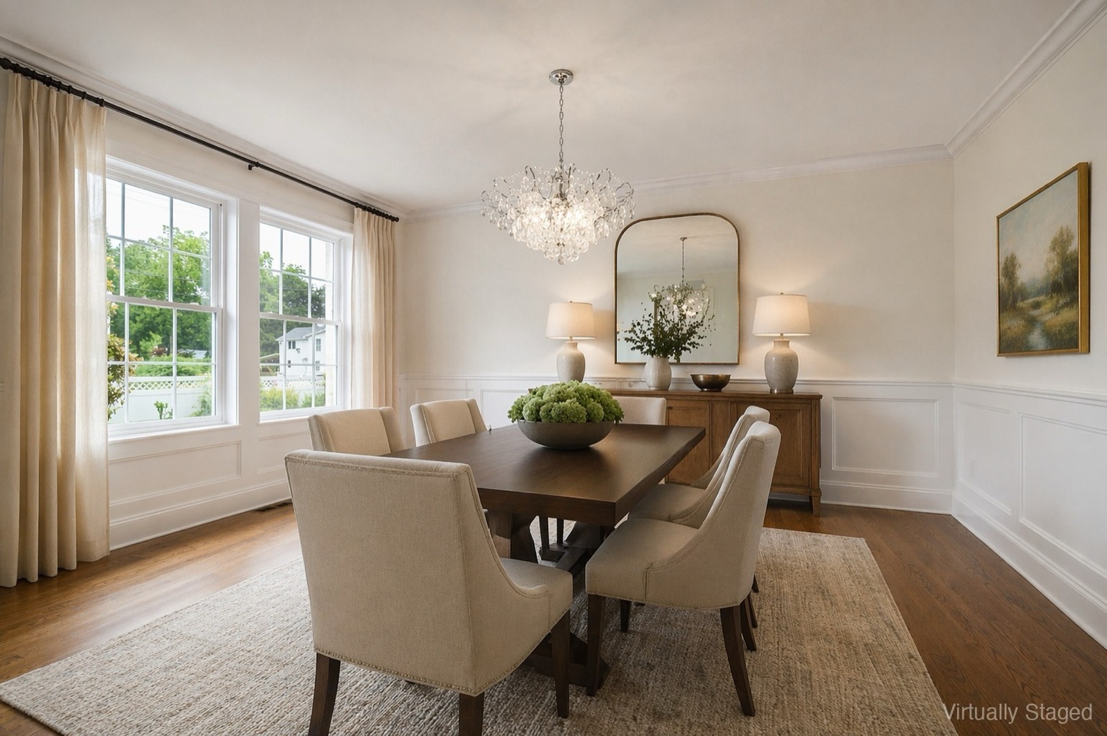 Stamford CT dining room after virtual staging with six-seat table and chandelier