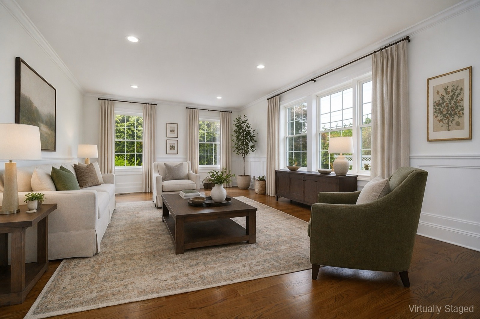 Stamford CT living room after virtual staging with linen sofa and warm neutral palette