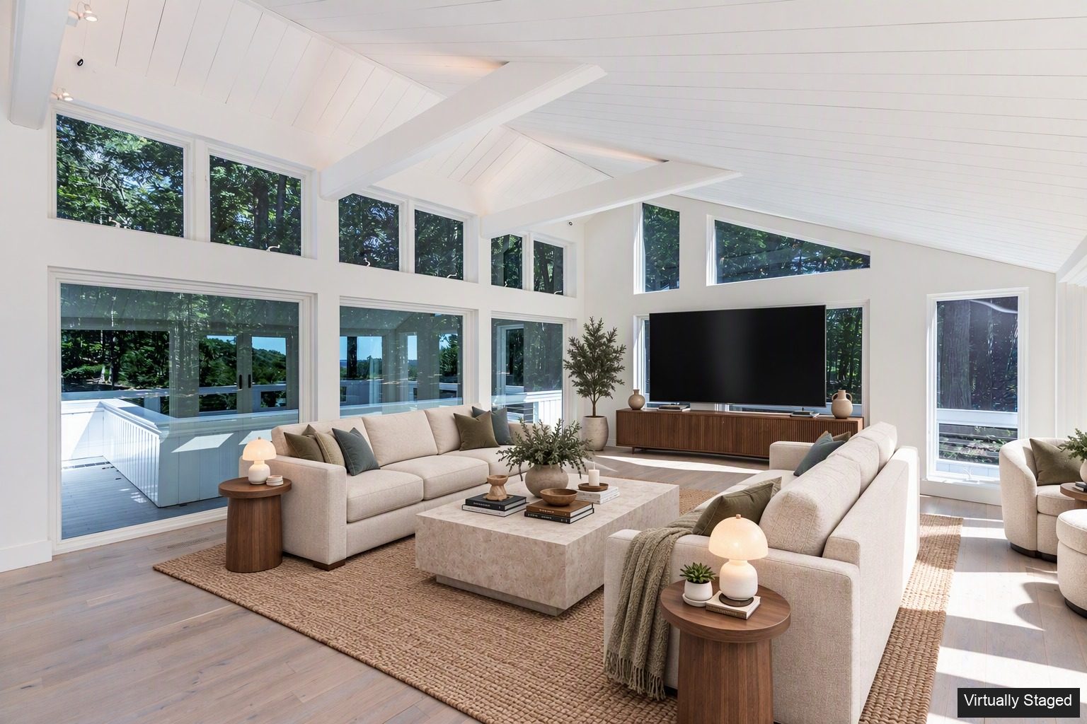 Washington CT family room, glass corner after virtual staging